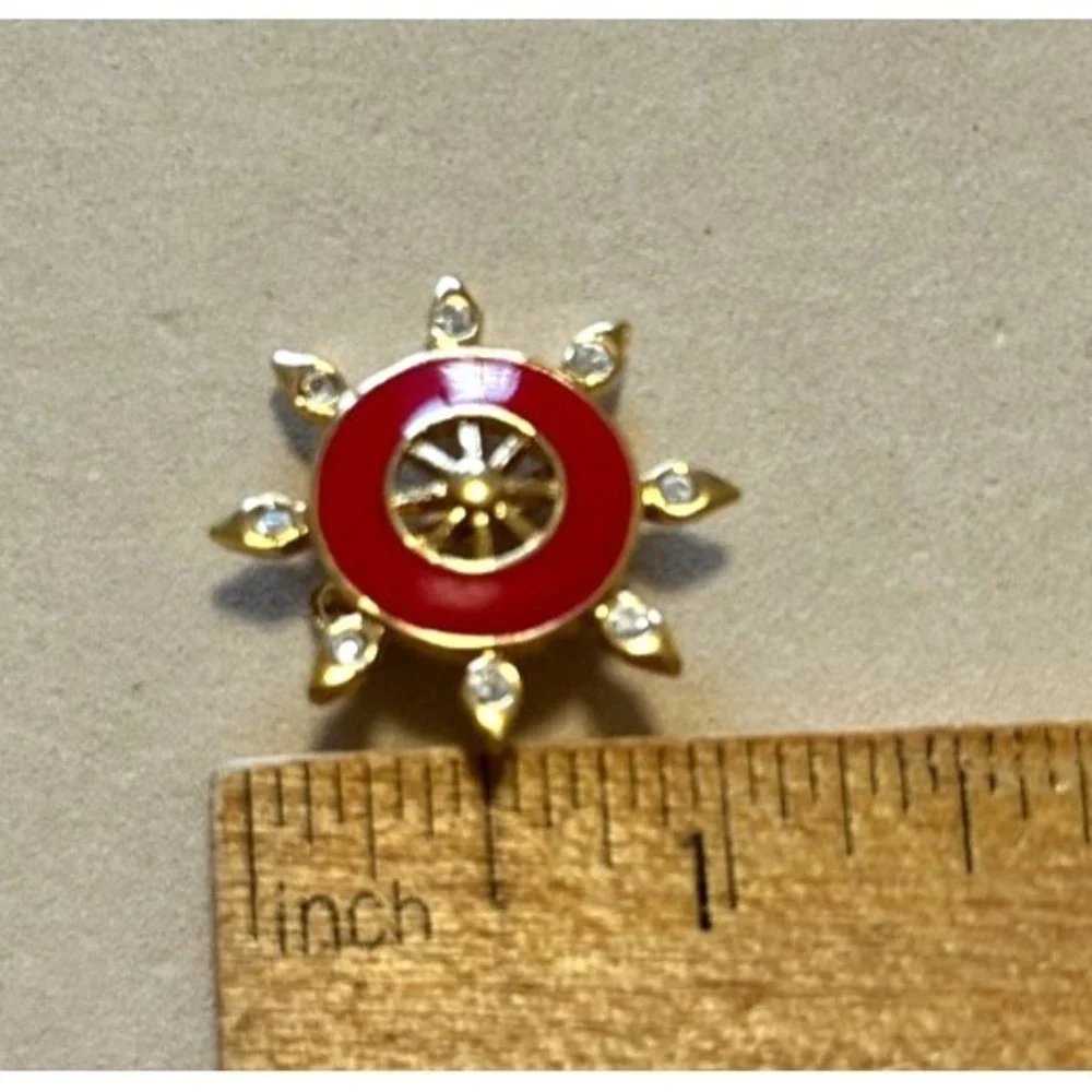 Vtg St John Signed Red Enamel Nautical Ships Wheel Brooch Pin Gold Tone Crystal